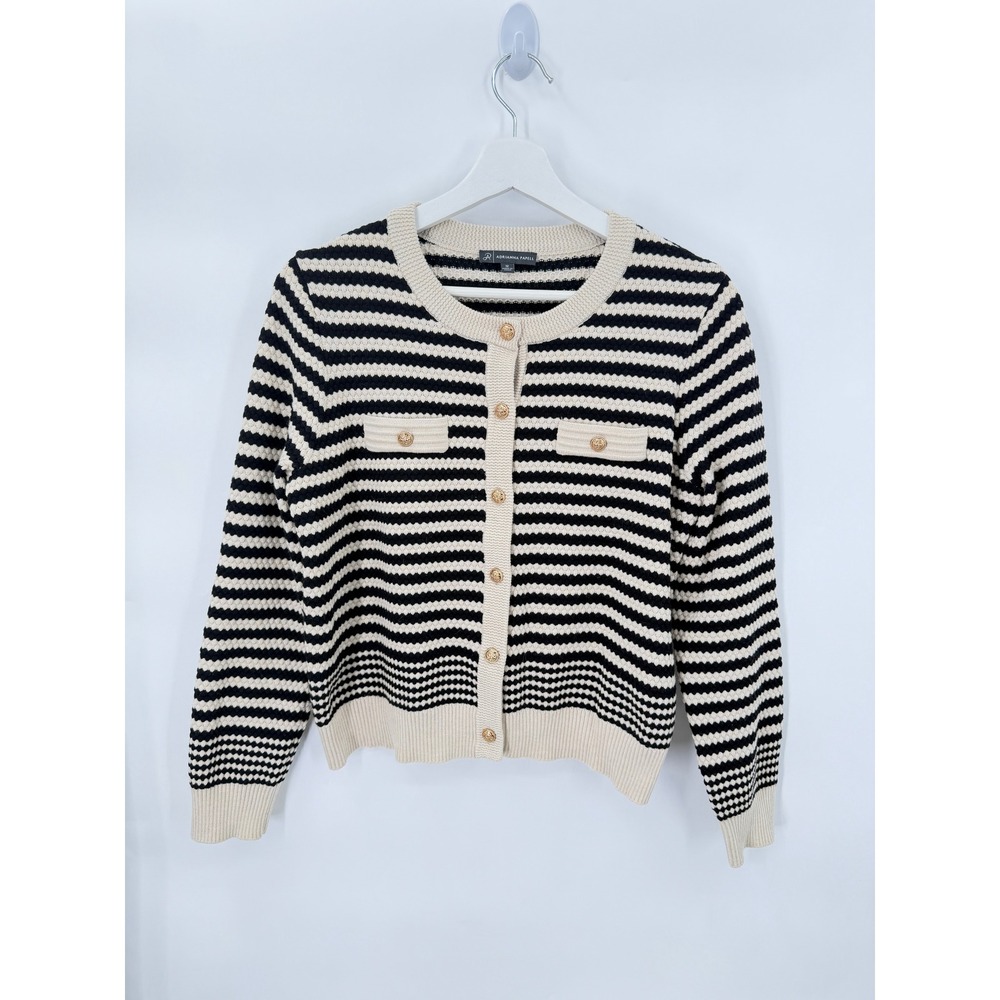 Adrianna Papell Cardigan Womens M Black Ivory Striped Gold Button Textured Knit